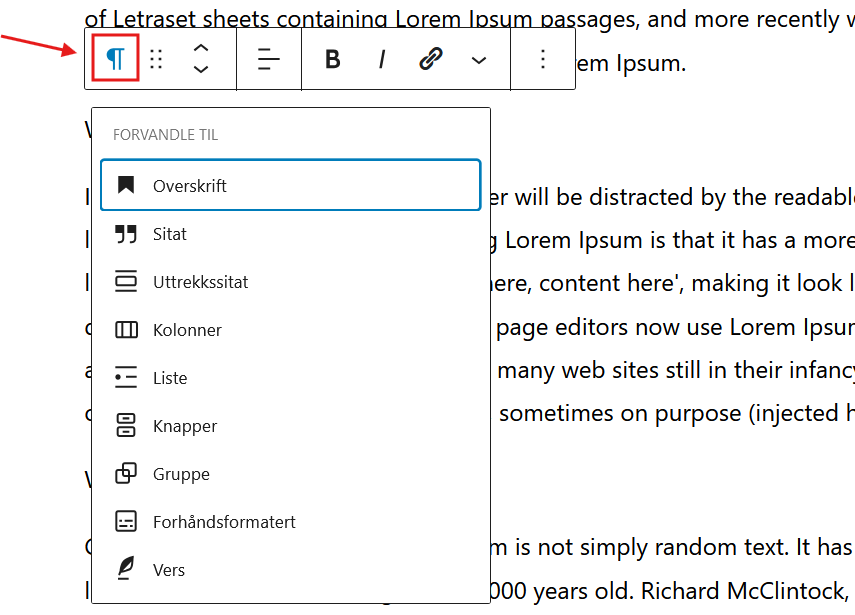 Skjermdump av redigeringsverktøylinja i WordPress, med lista over blokkforvandling.