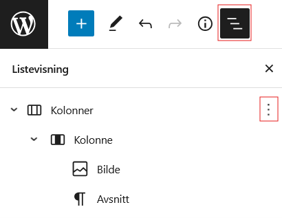Skjermdump av listevisning av blokker i redigeringsvinduet i WordPress.