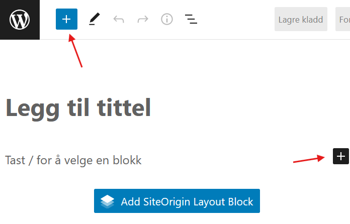 Skjermdump av redigeringsflaten i WordPress, med markering av pluss-ikonet.