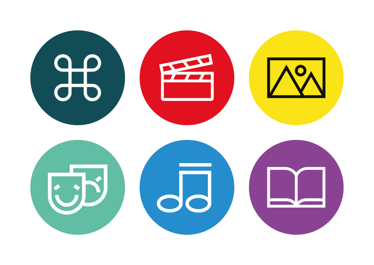 Uttrykksikoner for DKS: kulturarv, film, visuell kunst, scenekunst, musikk og litteratur. Grafikk.