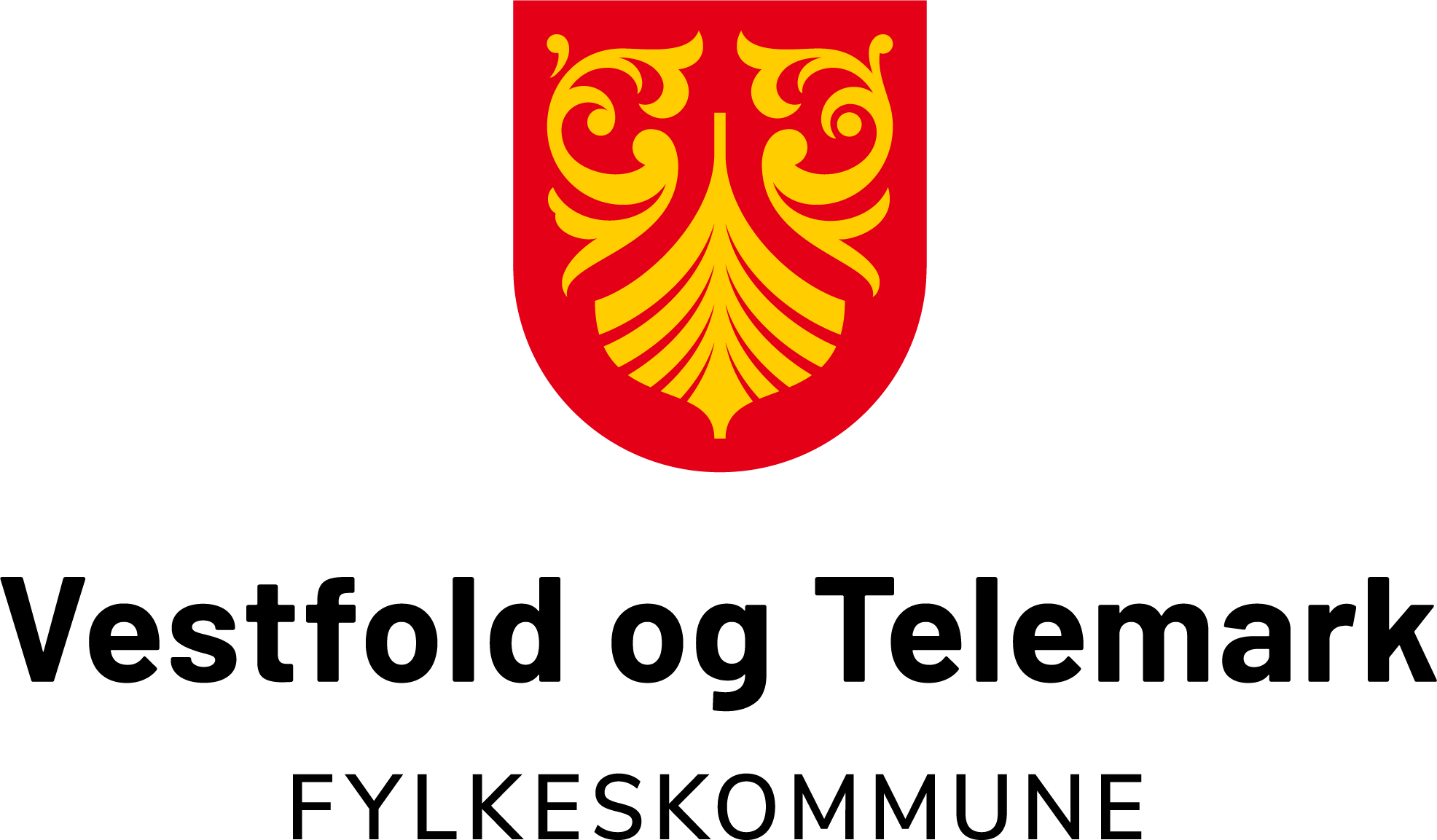 Vestfold og Telemark Fylkeskommune. Fylkesvåpen med rød bakgrunn, i midten et gult vikingskip og rundt gule rosemalerier.