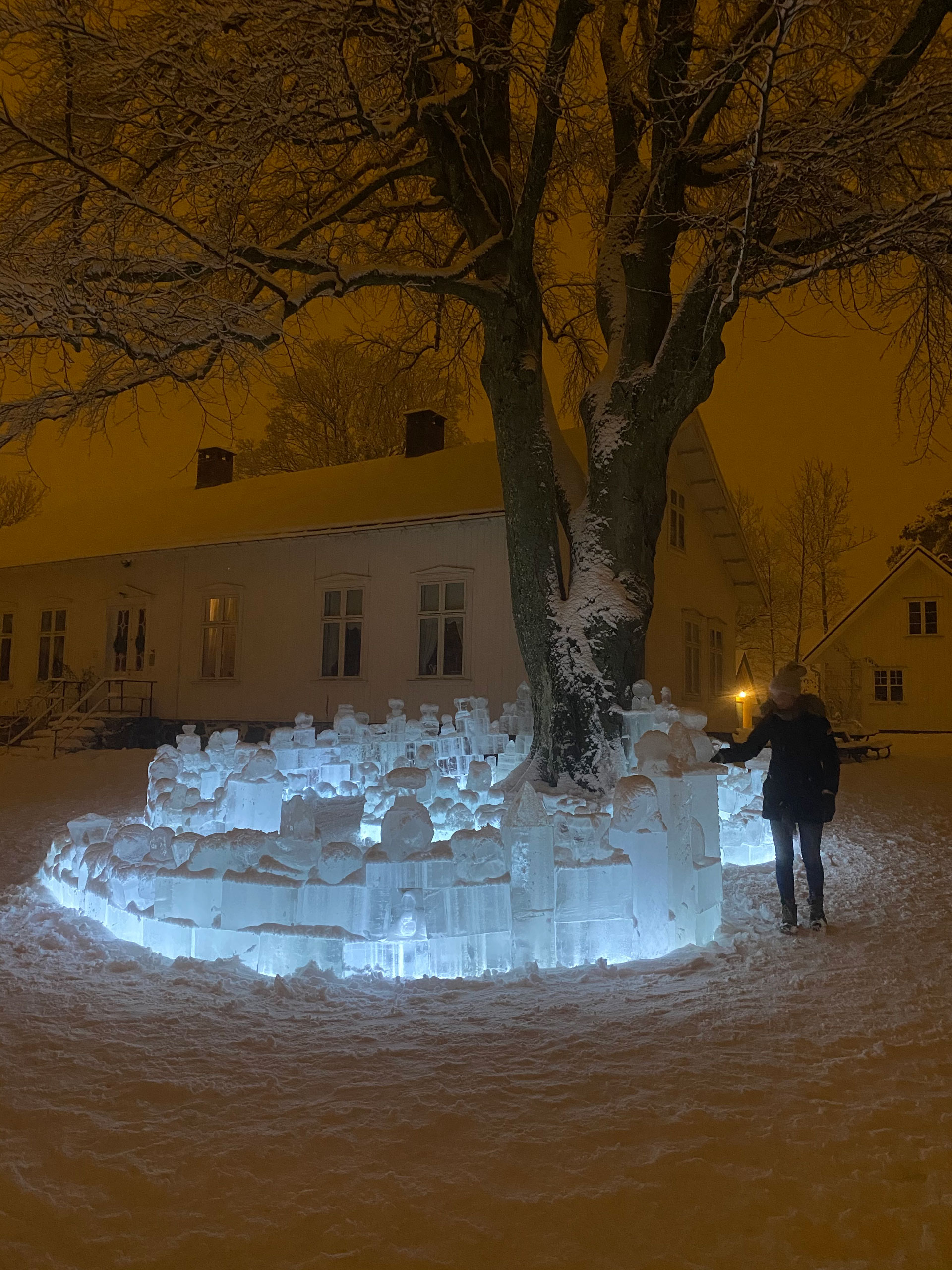 Iskultur bygget som en borg rundt et tre